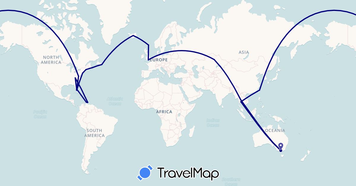 TravelMap itinerary: driving in Australia, Canada, United Kingdom, Iceland, Kazakhstan, Netherlands, Thailand, Taiwan, United States (Asia, Europe, North America, Oceania)